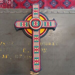 Vintage 1972 Handmade Celtic Sun Cross Wood Textile Wall Art Folk Art 15.5x10in